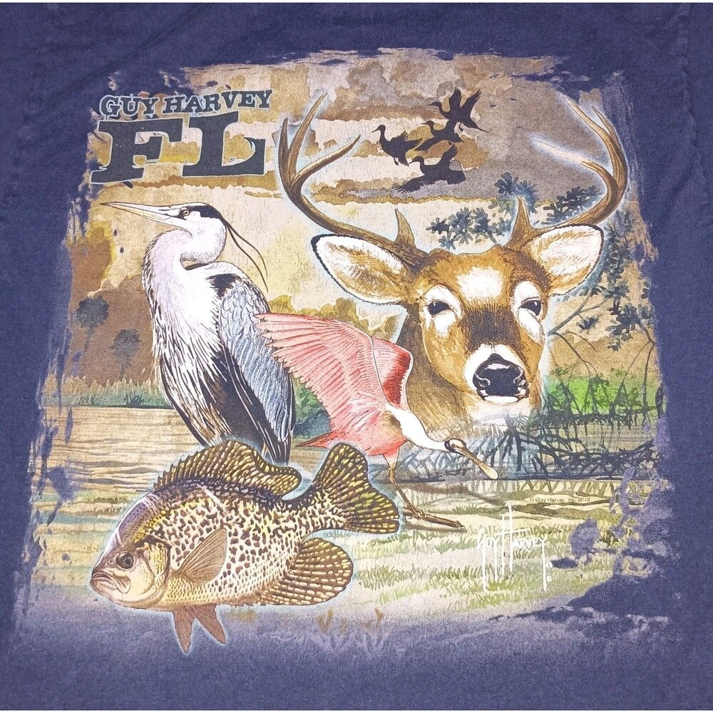 Guy Harvey Florida Shirt Mens Small Navy Blue Graphic Pocket Tee Deer Heron Bass